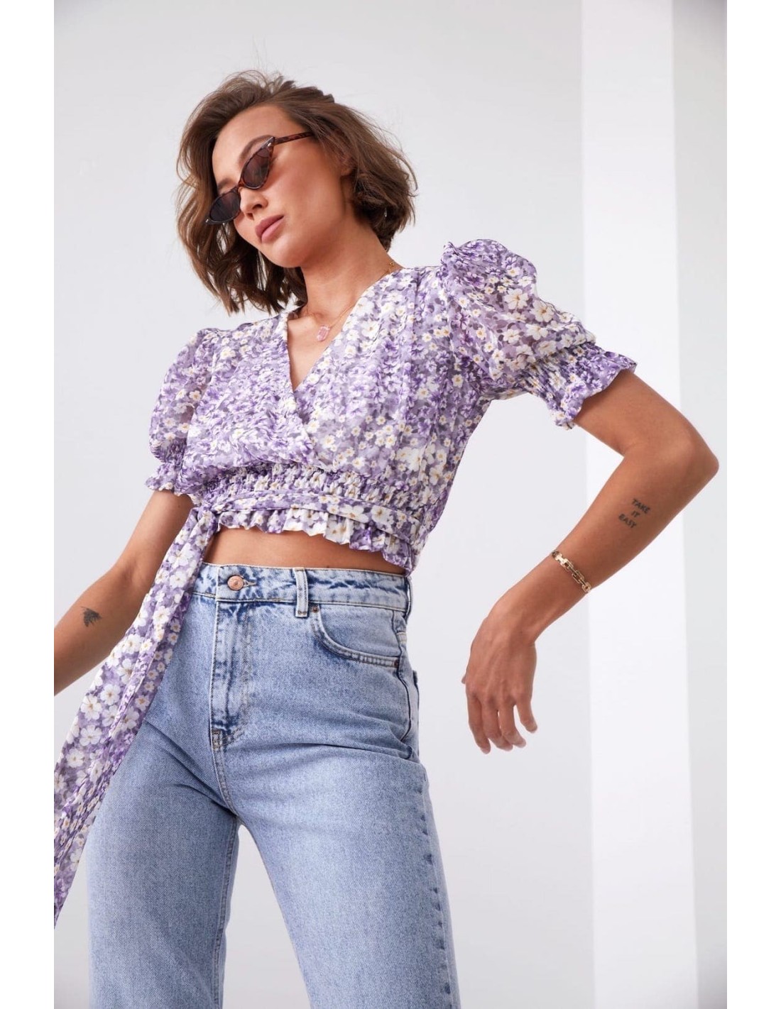 Short envelope blouse with flowers and a belt, purple and cream 02041 - Online store - Boutique